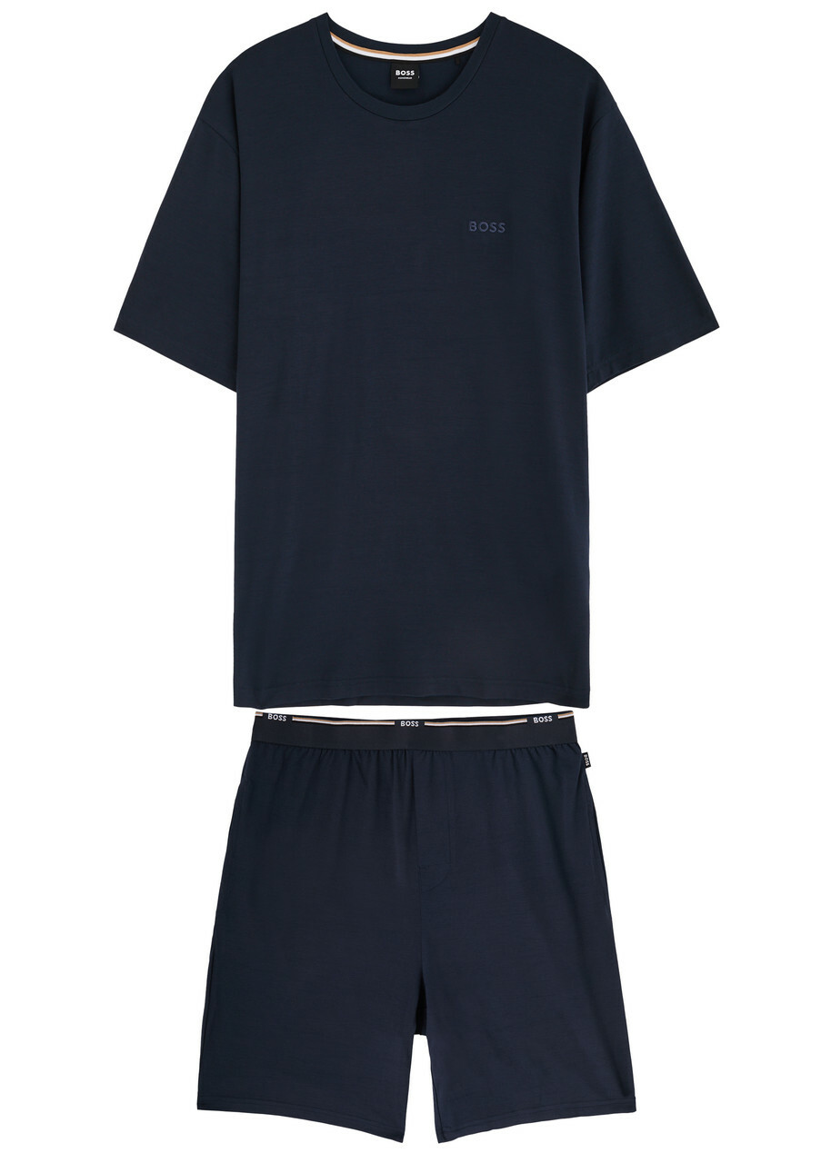 Boss Logo-embroidered Stretch-jersey Pyjama set Dark Blue