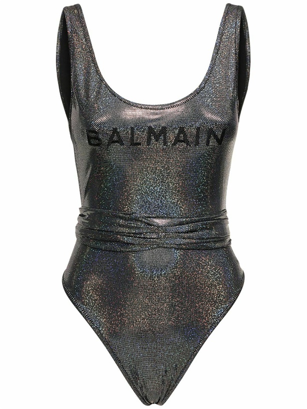 Photo: BALMAIN Iridescent Logo Print Belted Swimsuit