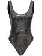 BALMAIN Iridescent Logo Print Belted Swimsuit