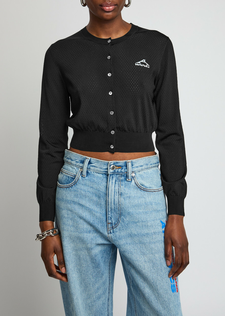 Alexanderwang.t Logo Cropped Perforated Jersey Cardigan Black