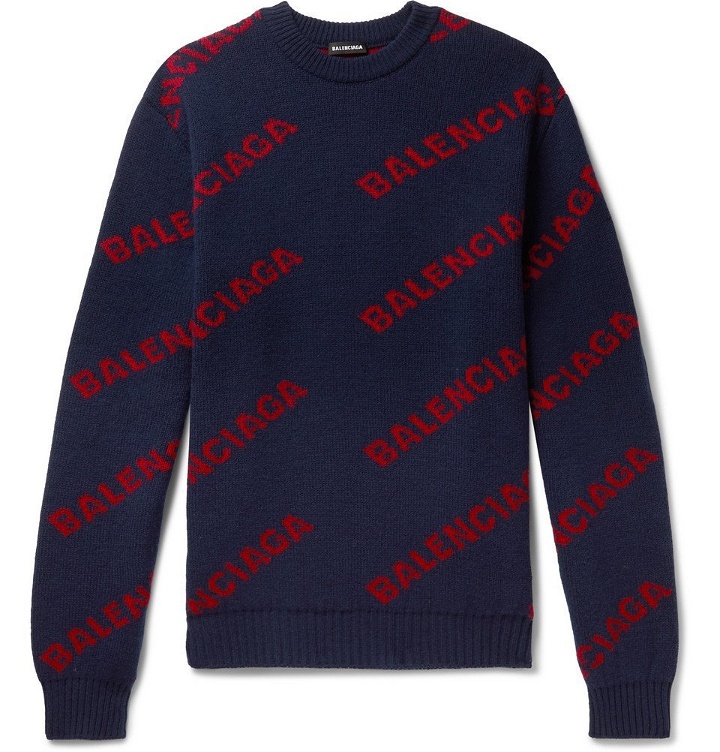 Photo: Balenciaga - Logo-Intarsia Virgin Wool-Blend Sweater - Men - Navy