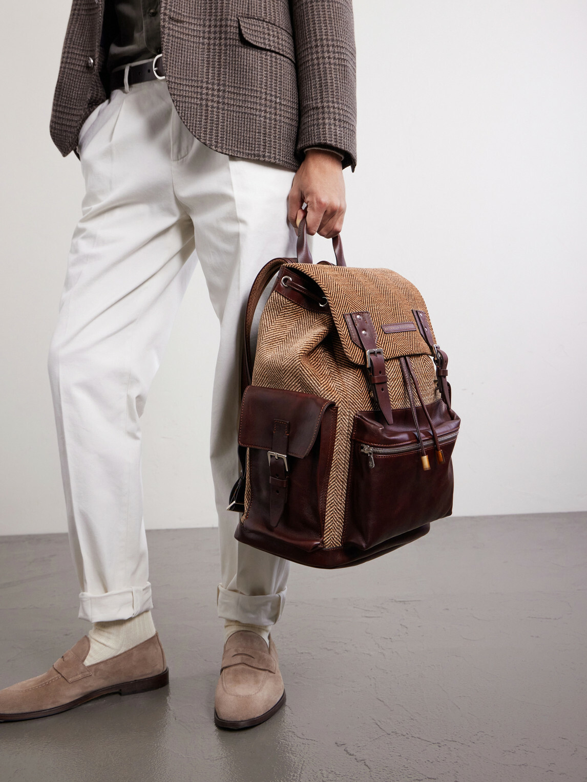Brunello Cucinelli - Leather-Trimmed Herringbone Canvas Backpack