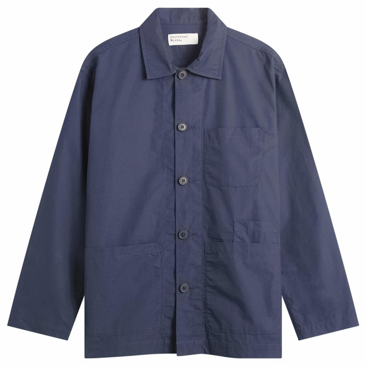 Photo: Universal Works Men's Peached Poplin Bakers Overshirt in Navy