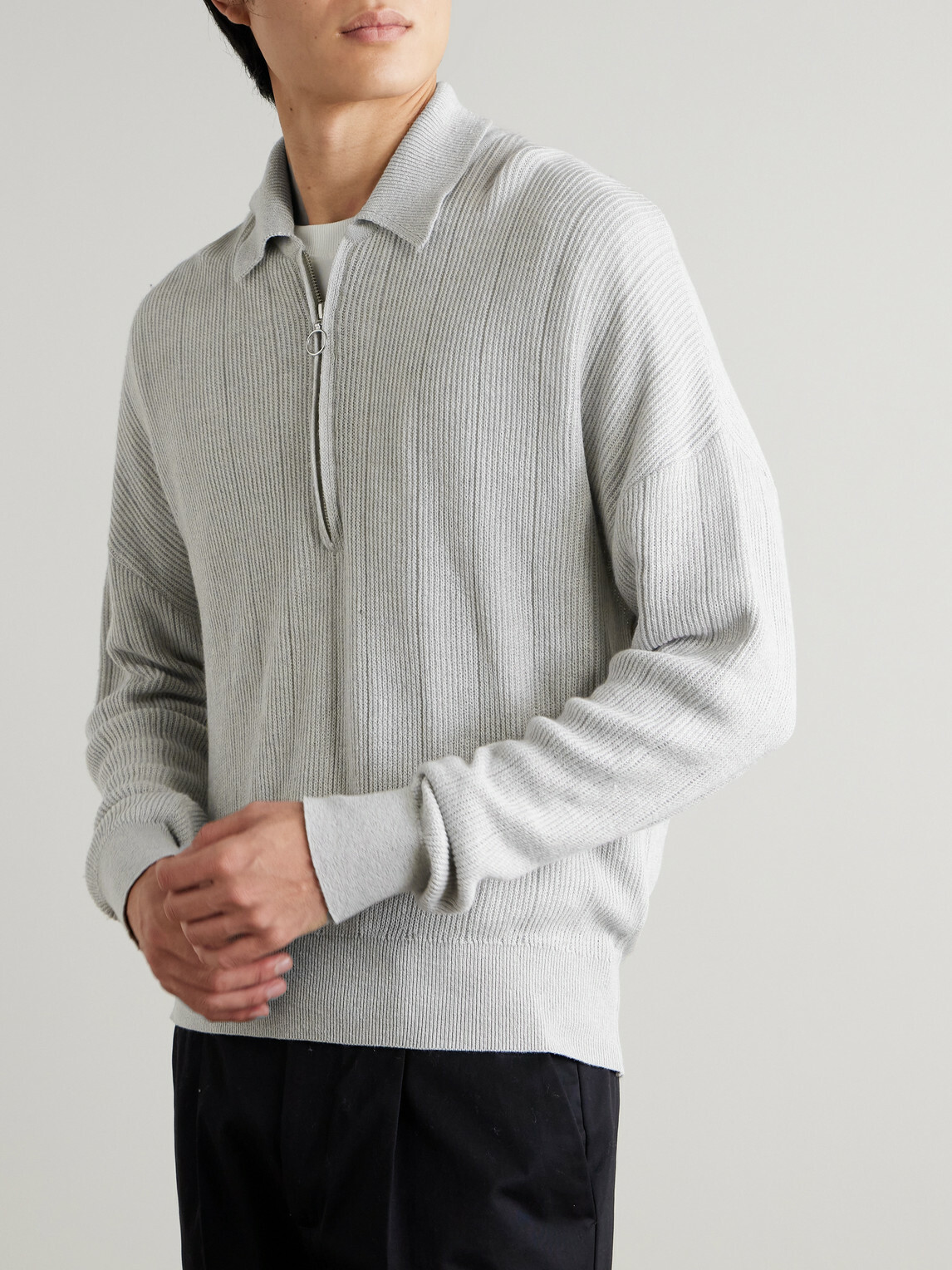 Oliver Spencer - Brice Ribbed Organic Cotton and Merino Wool-Blend Half-Zip Sweater - Gray