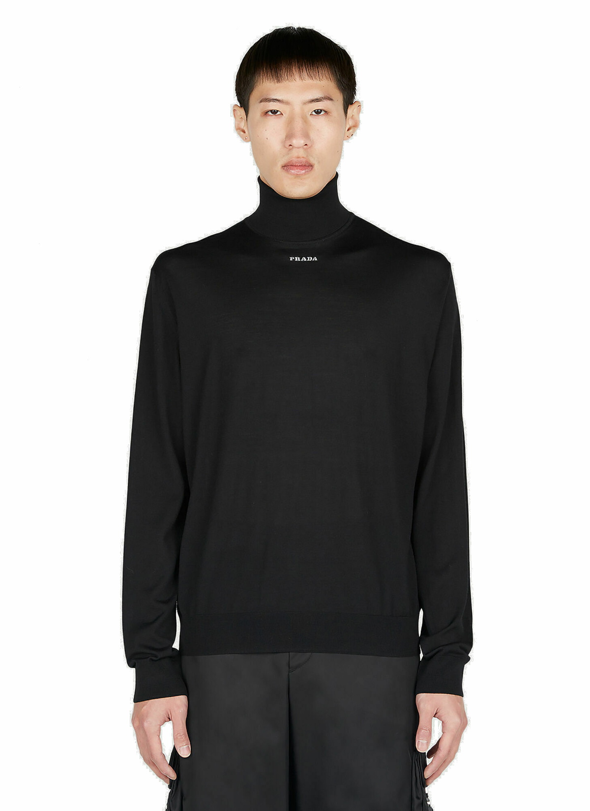 Photo: Prada - Logo Intarsia High Neck Sweater in Black