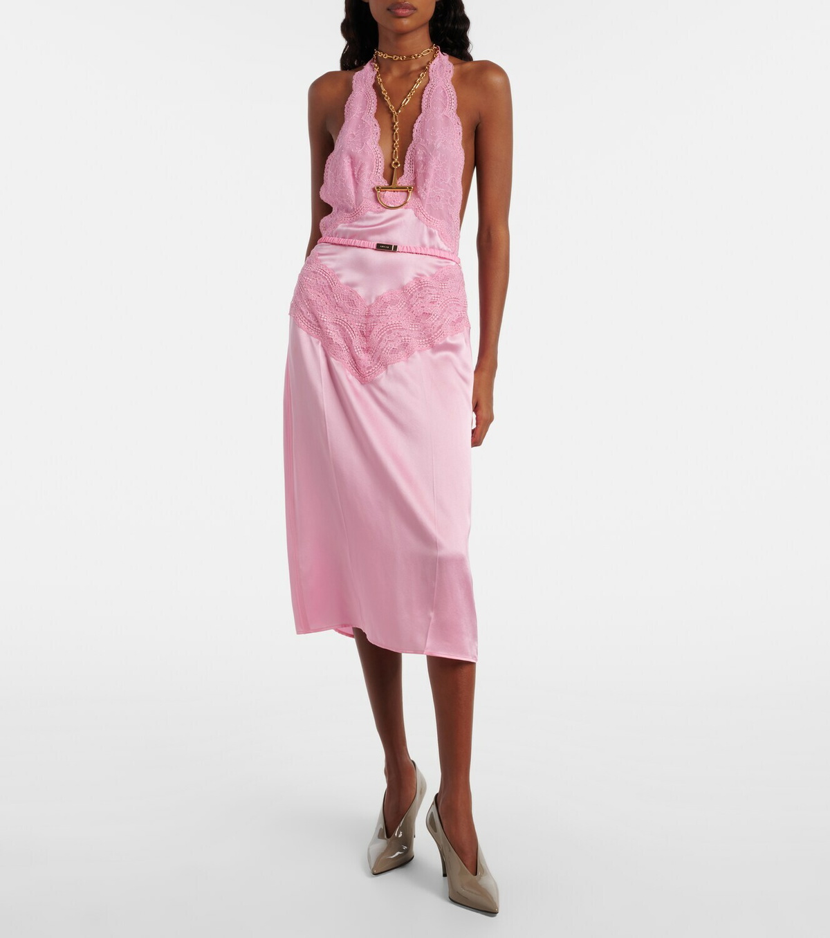 Gucci Lace-trimmed silk satin midi dress