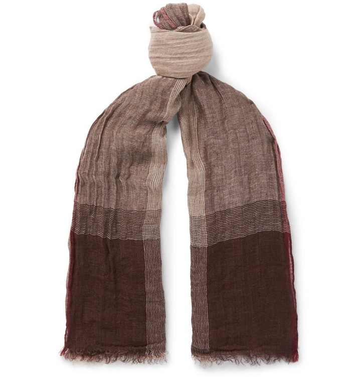 Photo: Brunello Cucinelli - Checked Washed Linen and Silk-Blend Scarf - Men - Brown