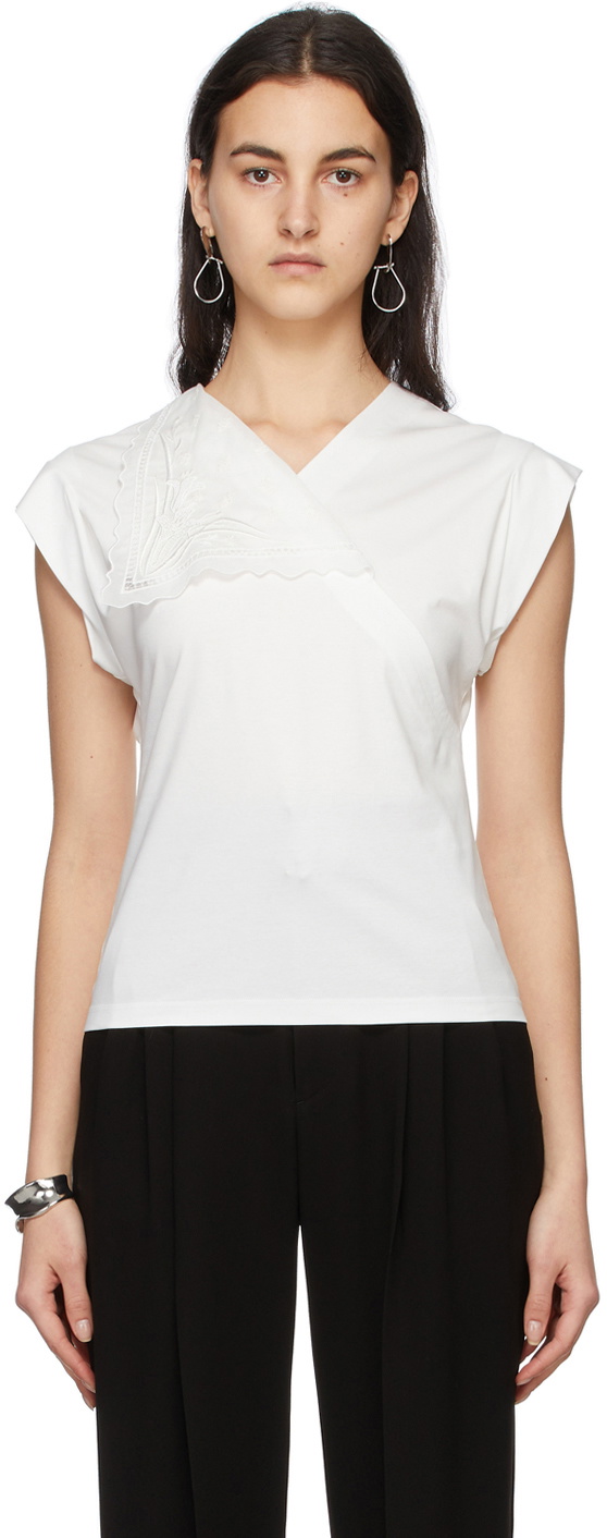 Mame Kurogouchi White Asymmetric Collar T-Shirt Mame Kurogouchi