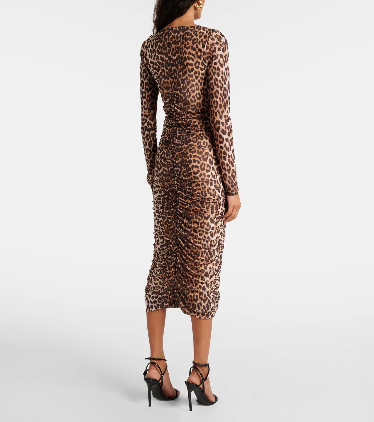 Ganni Leopard-print ruched mesh midi dress GANNI