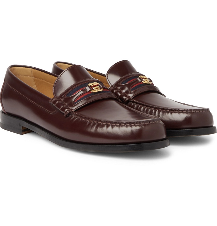 Photo: GUCCI - Kaveh Webbing-Trimmed Leather Loafers - Burgundy