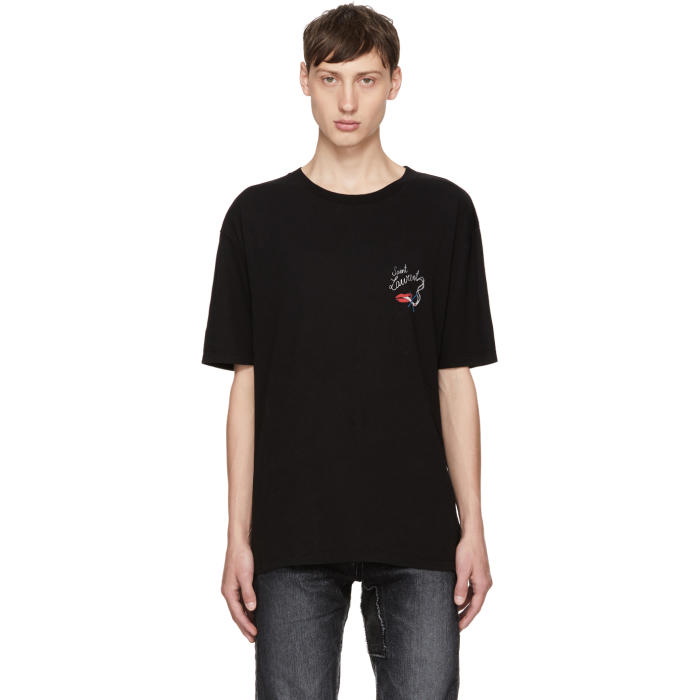 Photo: Saint Laurent Black Oversized Bouche Logo T-Shirt 