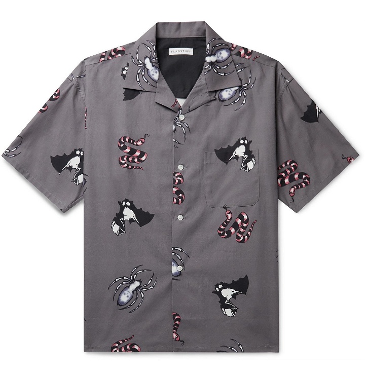 Photo: Flagstuff - Camp-Collar Printed Cotton-Poplin Shirt - Gray