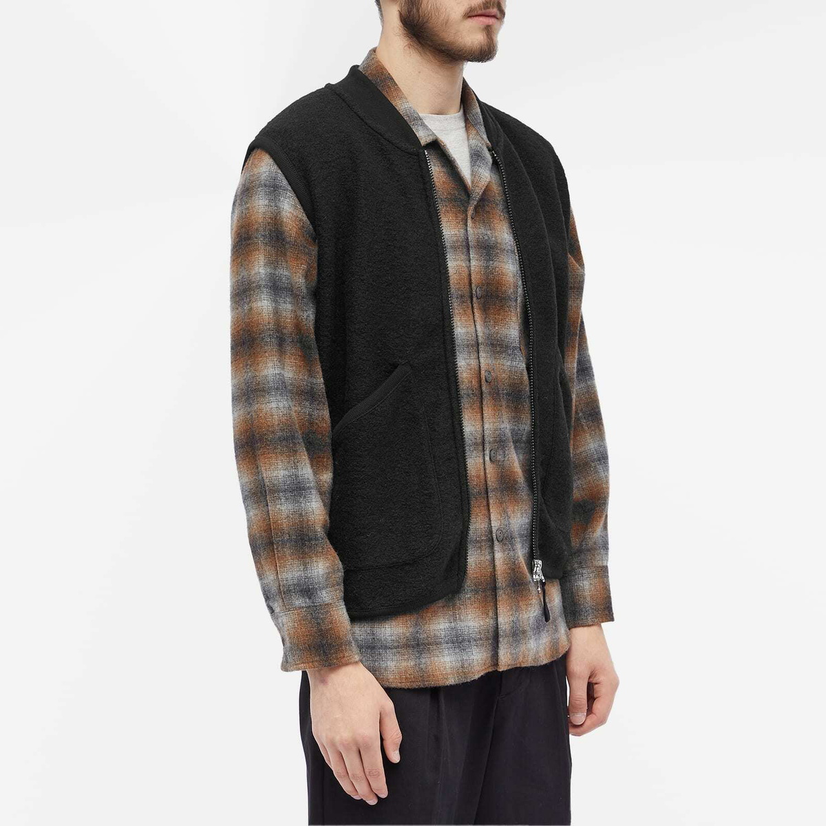 Universal Works Men's Wool Fleece Zip Waistcoat in Black Universal