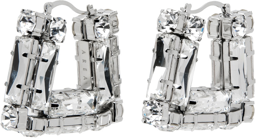 AREA Silver Crystal Baguette Square Hoop Earrings