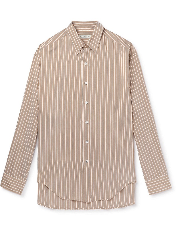 Photo: UMIT BENAN B - Striped Silk and Cotton-Blend Satin Shirt - Brown