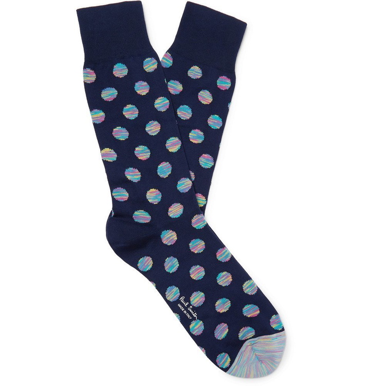 Photo: Paul Smith - Polka-Dot Mercerised Cotton-Blend Socks - Navy