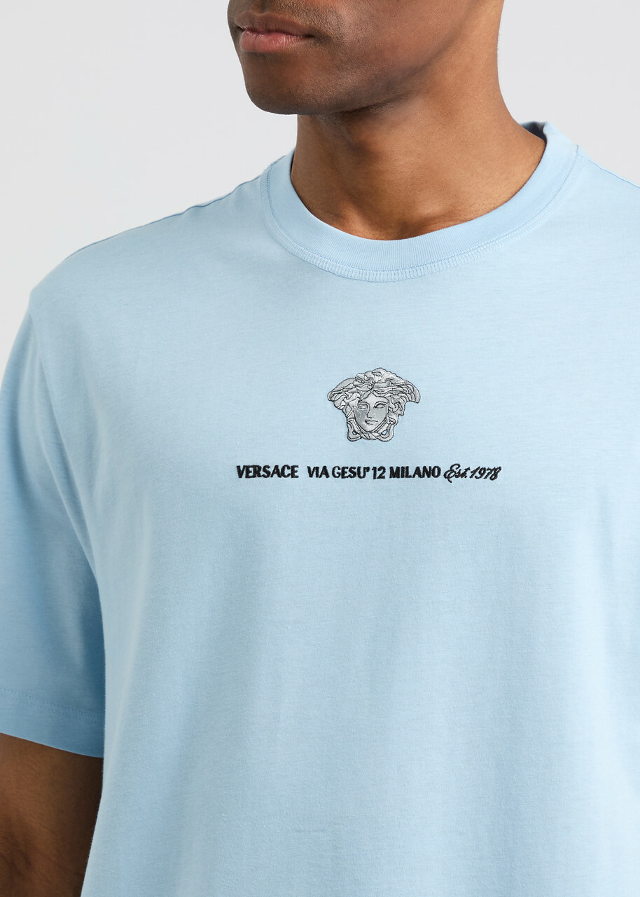 VERSACE ロゴ コットンTシャツ Versace Logo-embroidered Cotton T-shirt Blue Versace