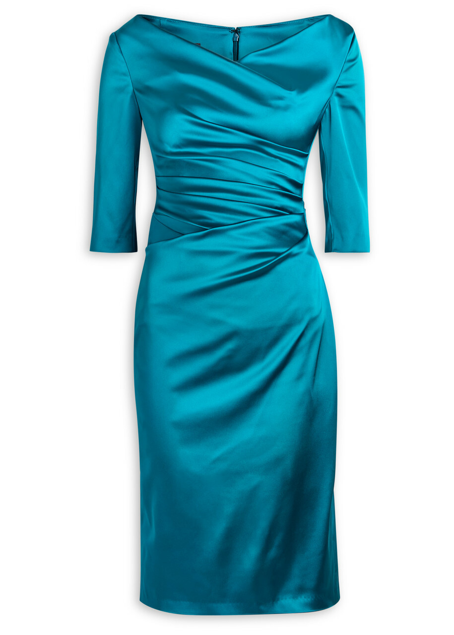 Talbot Runhof Gathered Satin Midi Dress Teal