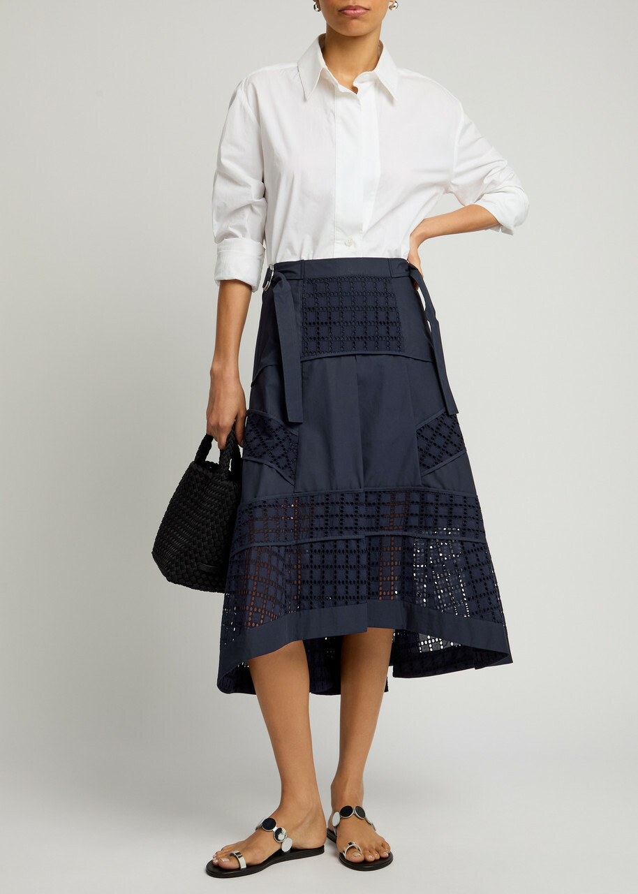 3.1 Phillip Lim Eyelet-embroidered Cotton-poplin Midi Skirt Navy