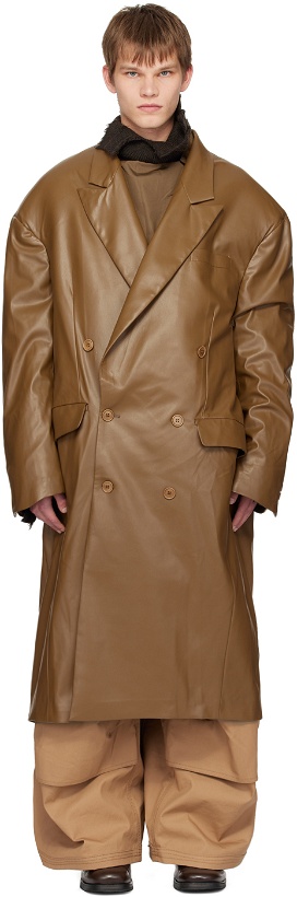 Photo: Hed Mayner Brown Double-Breasted Faux-Leather Coat