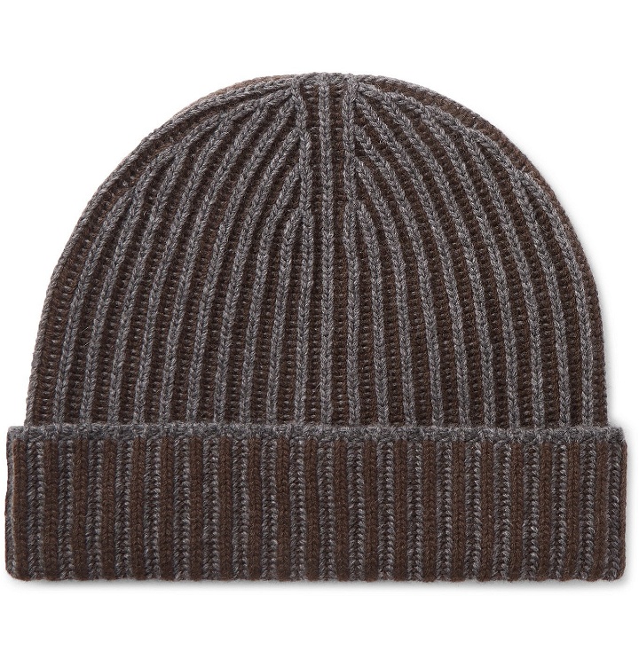 Photo: Johnstons of Elgin - Two-Tone Ribbed Cashmere Beanie - Brown