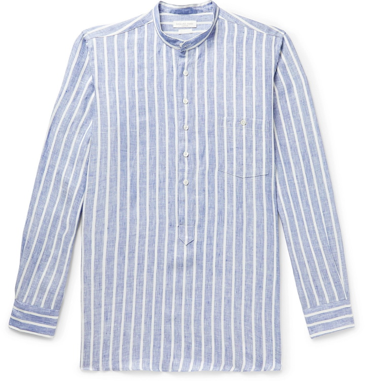 Photo: Richard James - Grandad-Collar Striped Linen Half-Placket Shirt - Blue