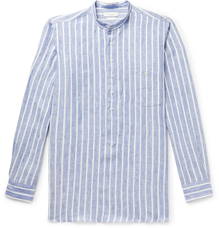 Photo: Richard James - Grandad-Collar Striped Linen Half-Placket Shirt - Blue