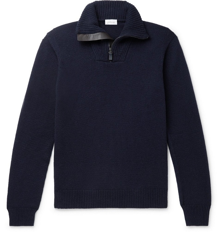 Photo: Brioni - Leather-Trimmed Cashmere Half-Zip Sweater - Navy