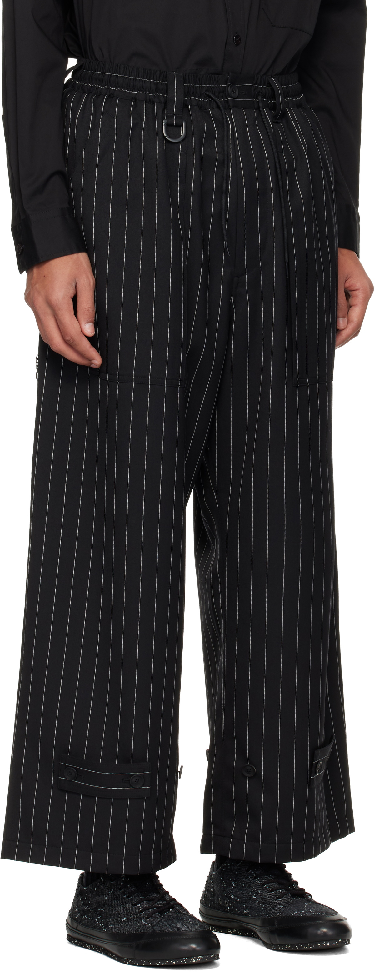 Y-3 Black Pinstripe Refined Wool Wide Leg Trousers