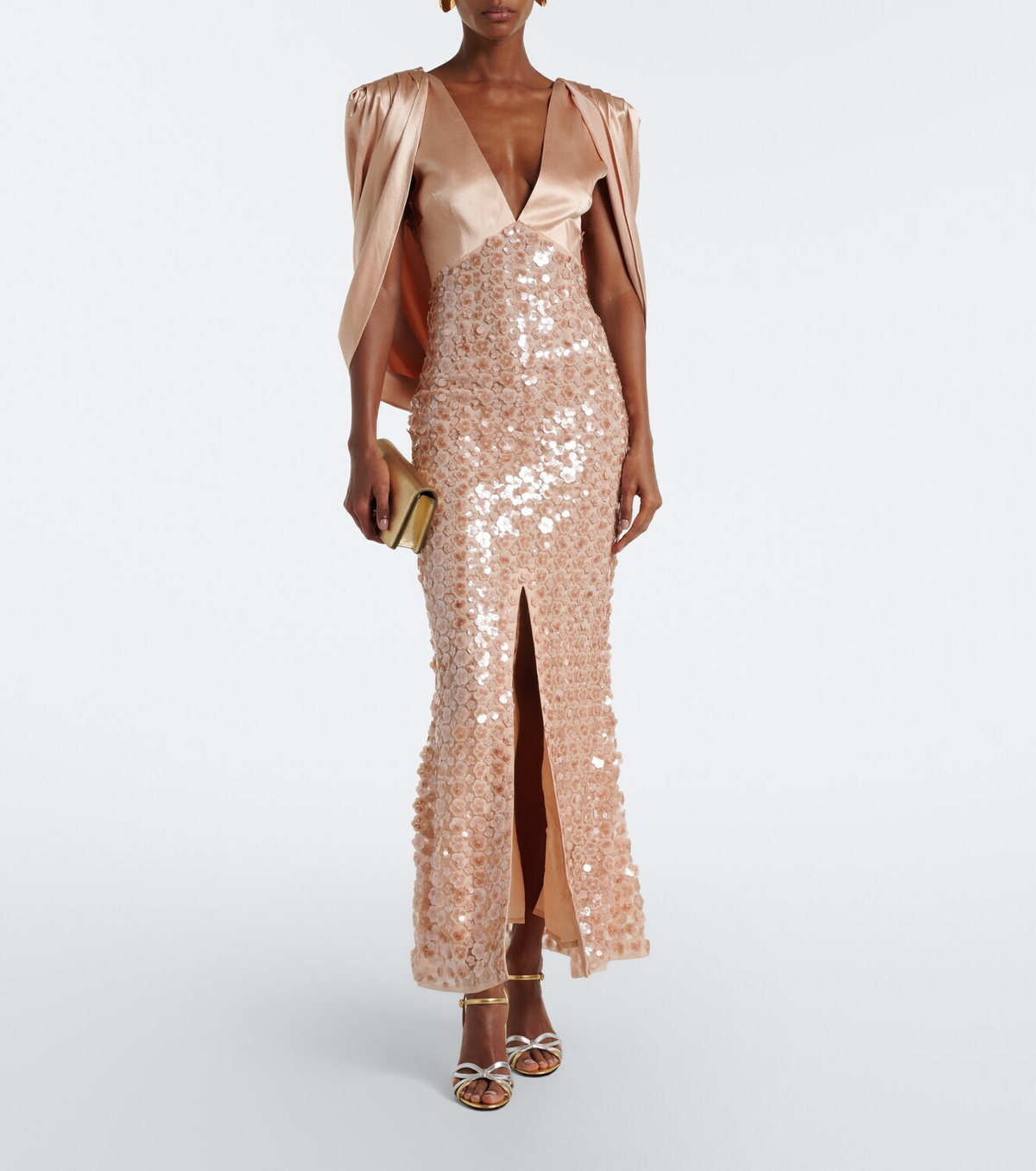 Là Fuori Caped sequined silk satin gown