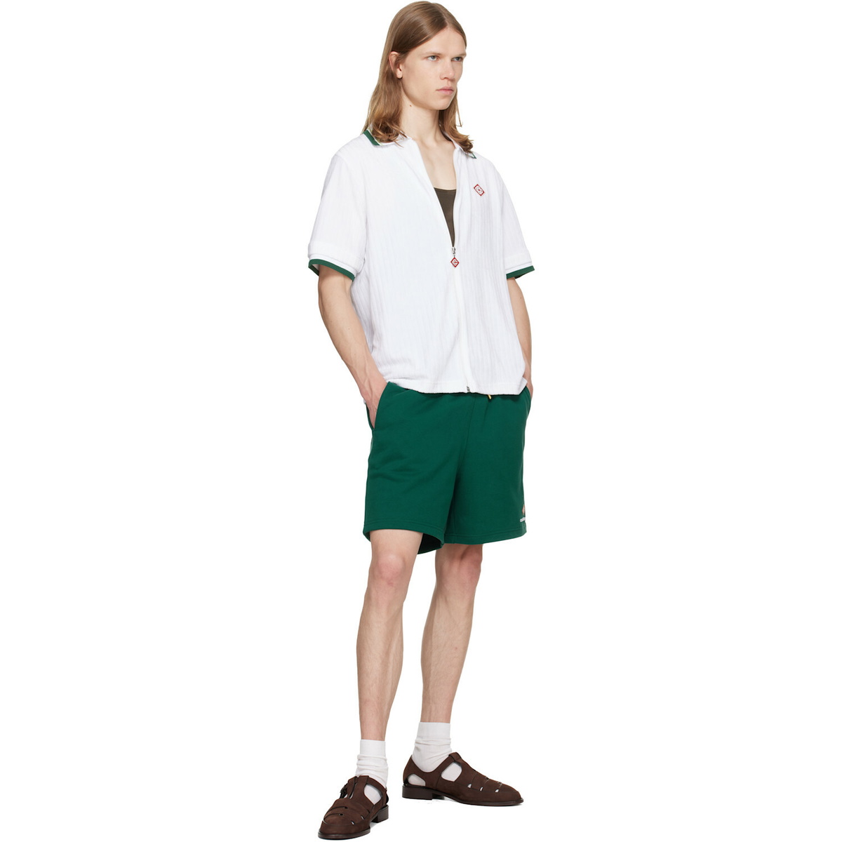 Casablanca White Striped Velour Zip‑Up Short Sleeve Shirt