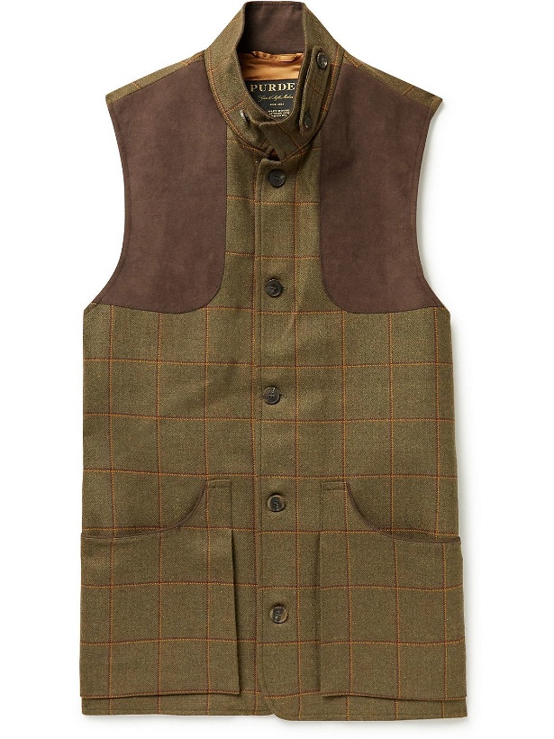 Photo: Purdey - Panelled Checked Wool-Blend Tweed and Faux Suede Gilet - Green
