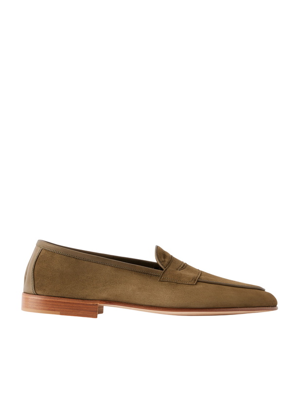Photo: Edward Green - Polperro Leather-Trimmed Suede Penny Loafers - Green