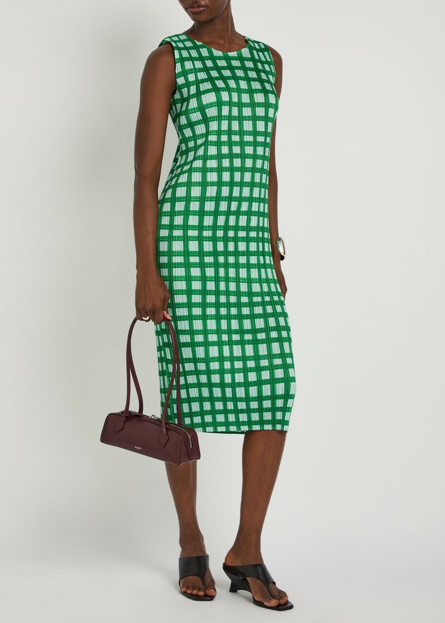 Pleats Please Issey Miyake Gingham Pleated Woven Midi Dress Green
