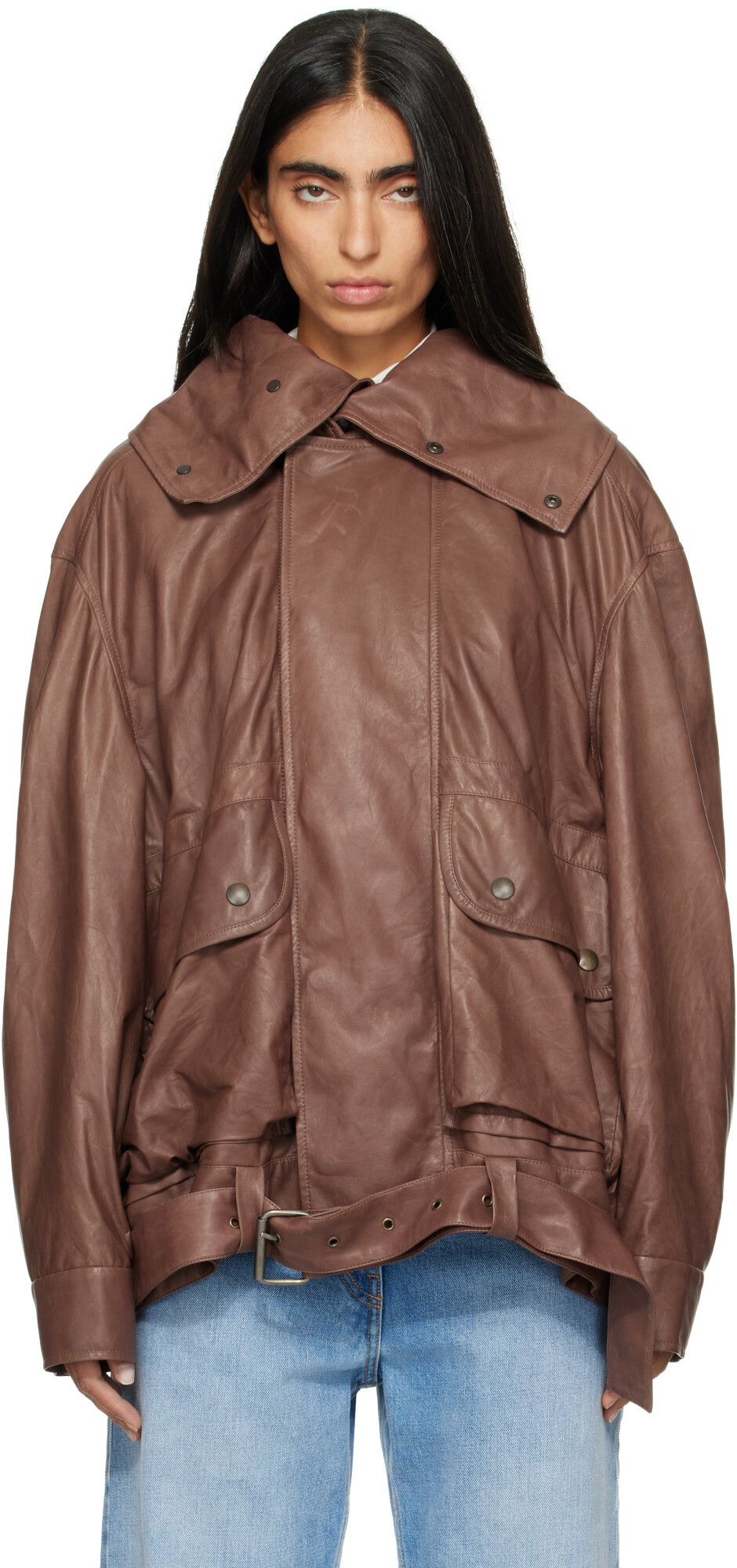 Calvin Klein Collection Brown Isa Leather Flight Jacket
