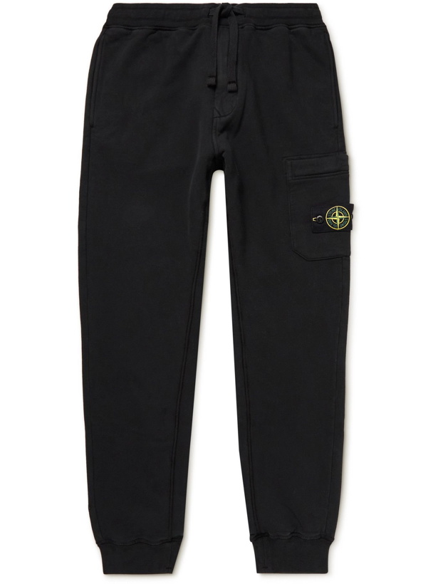 Photo: Stone Island - Slim-Fit Tapered Logo-Appliquéd Cotton-Jersey Cargo Sweatpants - Black