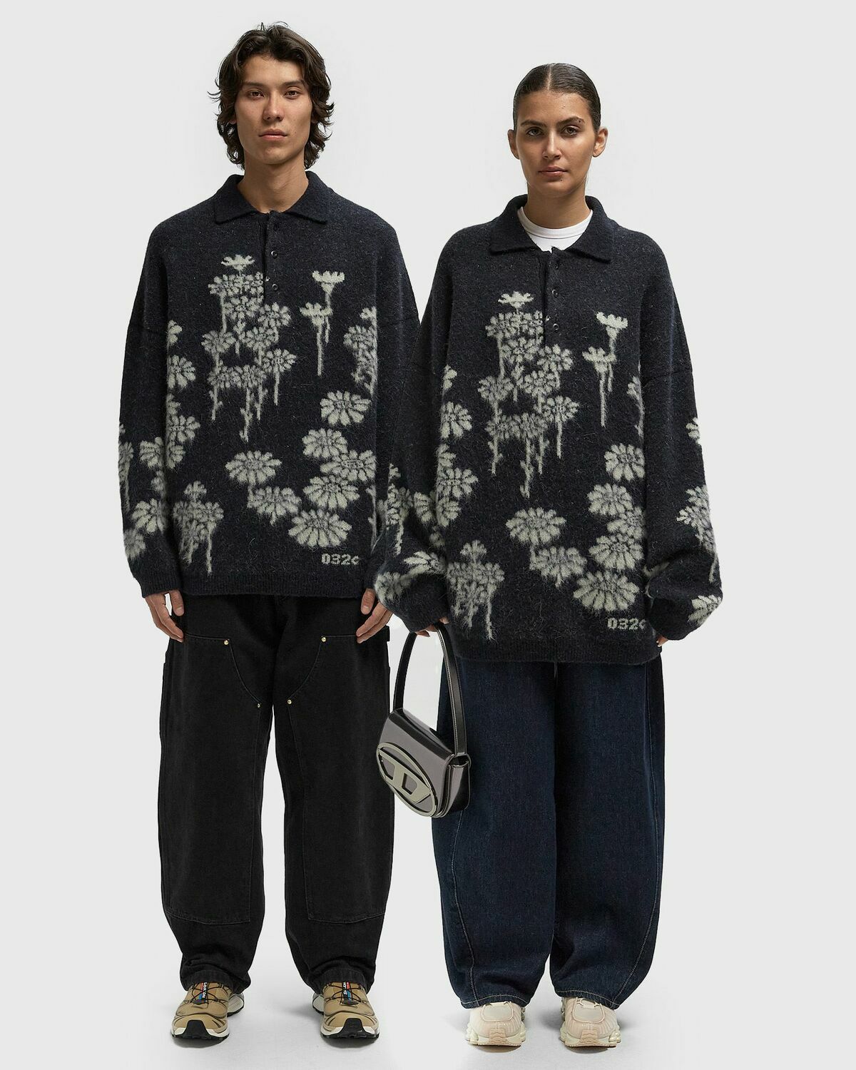 032c MELTING DAISIES KNIT LS POLO SHIRT Black Mens Polos/Pullovers/Shirts & Blouse