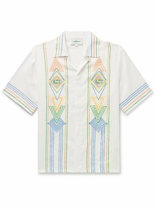 Photo: Casablanca - La Fil De La Musique Convertible-Collar Embroidered Linen Shirt - White