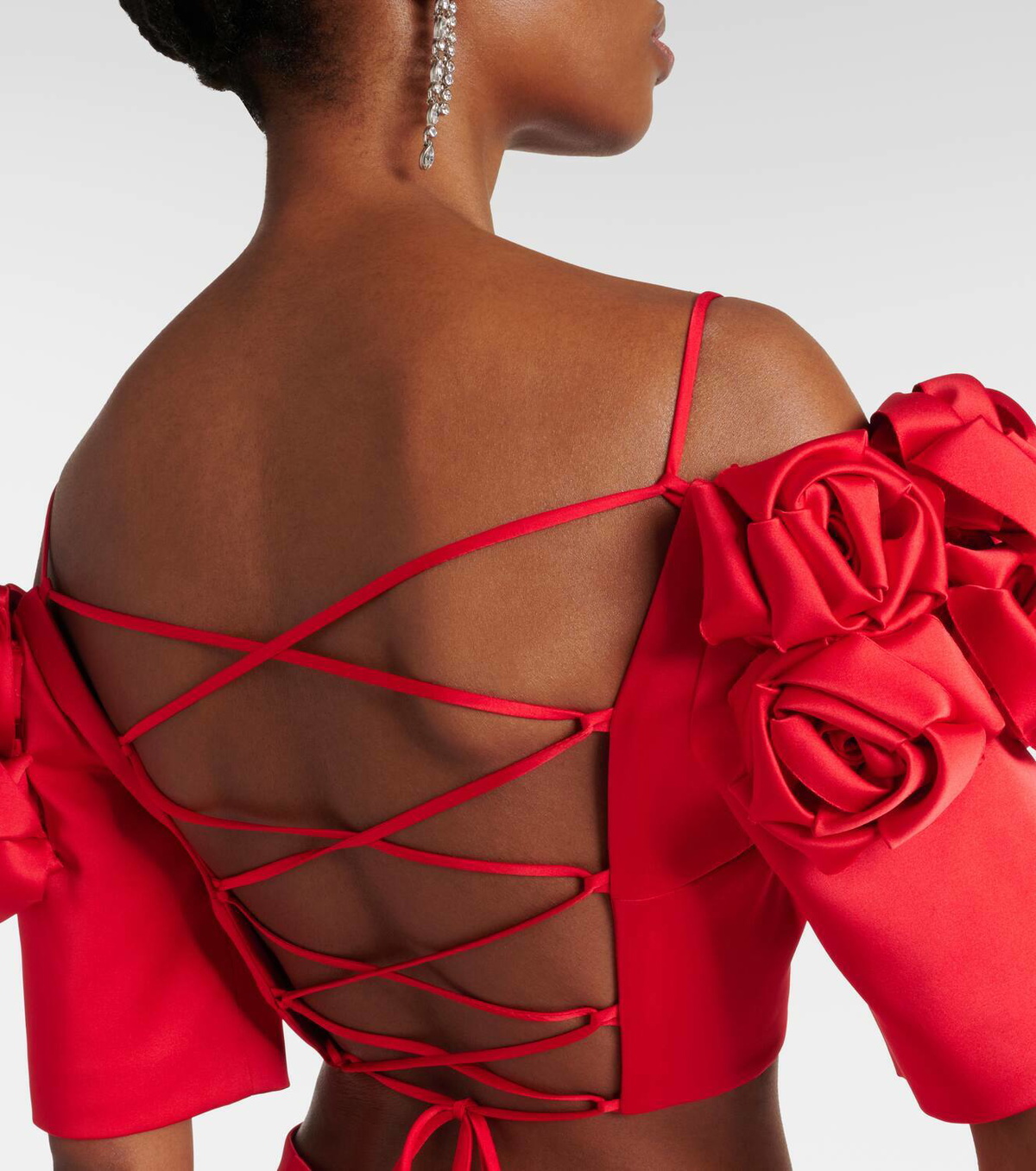 Rasario Floral-appliqué open-back satin crop top