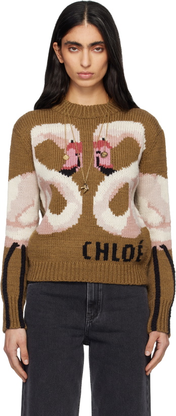 Photo: Chloé Brown Crew-Neck Logo Wool Knit Sweater