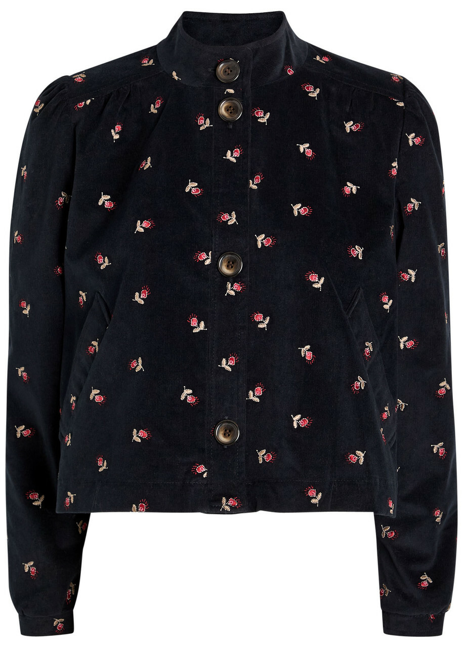 Rixo Nyla Floral-embroidered Fine Cord Jacket Navy