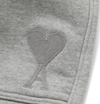 AMI PARIS - Logo-Embroidered Mélange Organic Fleece-Back Cotton-Jersey Shorts - Gray