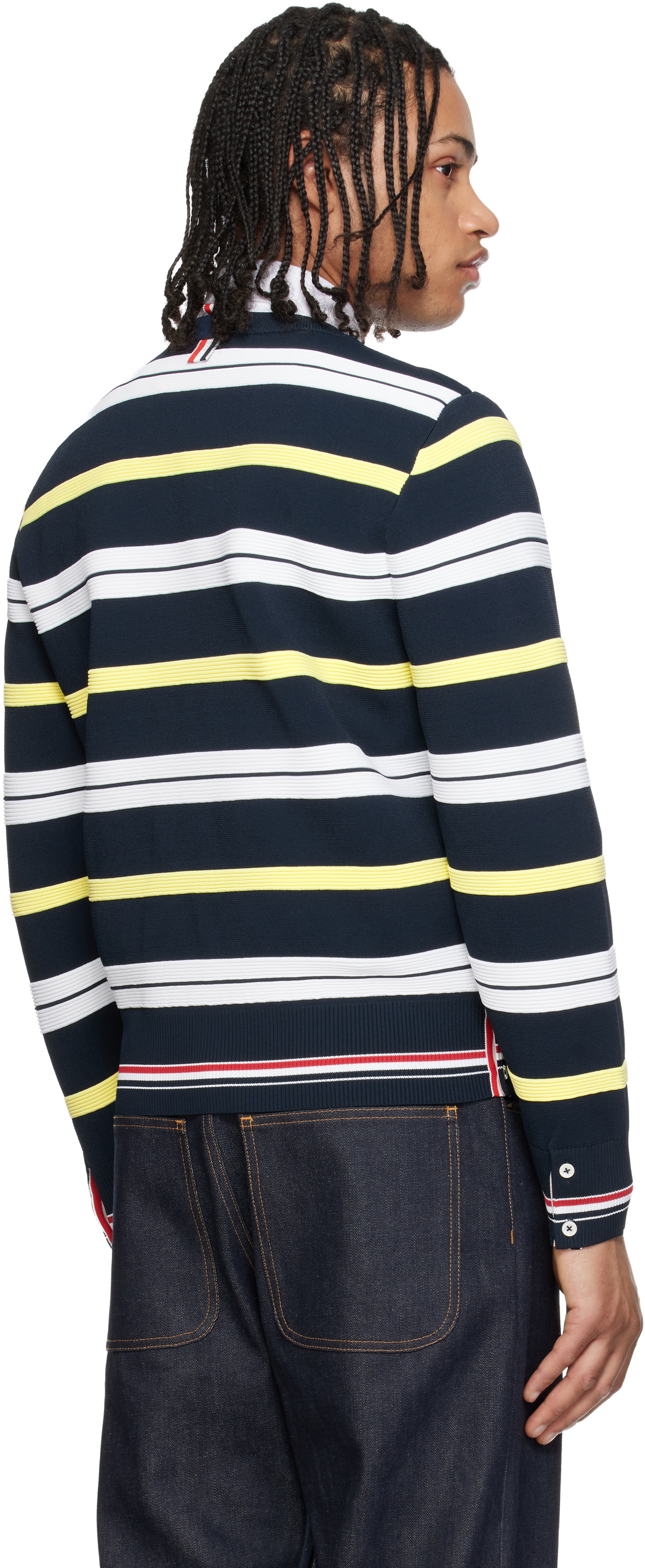 Thom Browne Navy Variegated Rep Stripe Ottoman Stitch Crew Neck Sweater