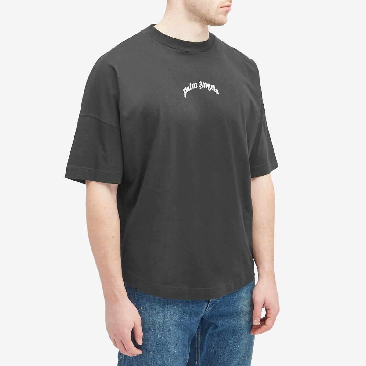 Palm Angels Men's Curved Logo T-Shirt in Off-White Palm Angels