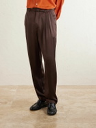 SAINT LAURENT - Tapered Belted Silk-Satin Trousers - Brown