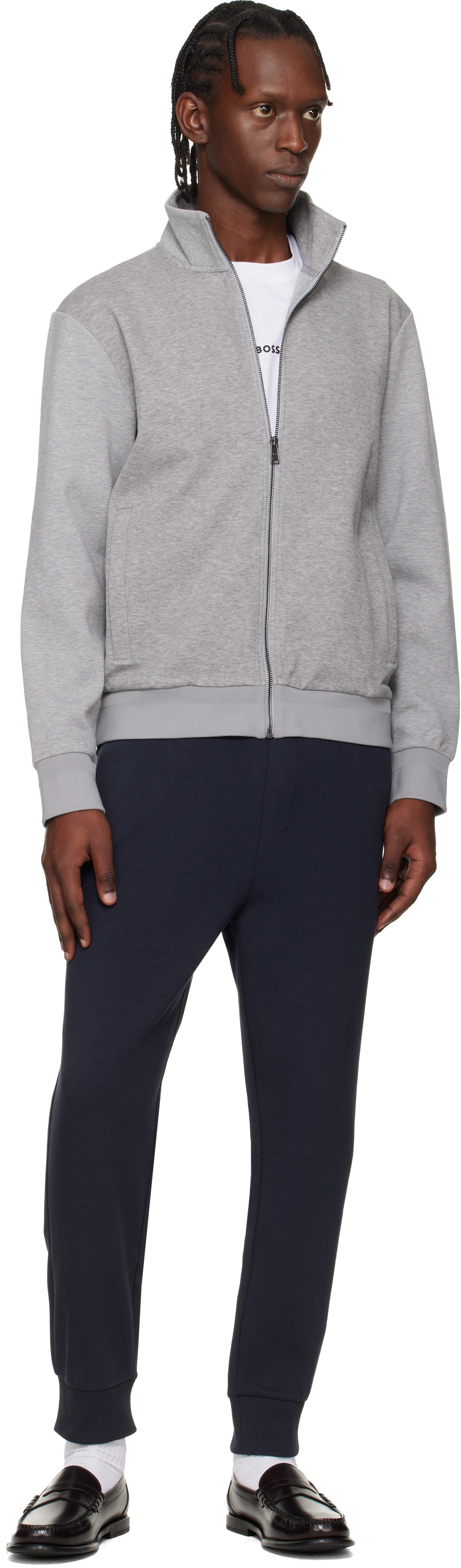 BOSS Gray Zip-Up Mercerized Stretch-Cotton Piqué Sweatshirt