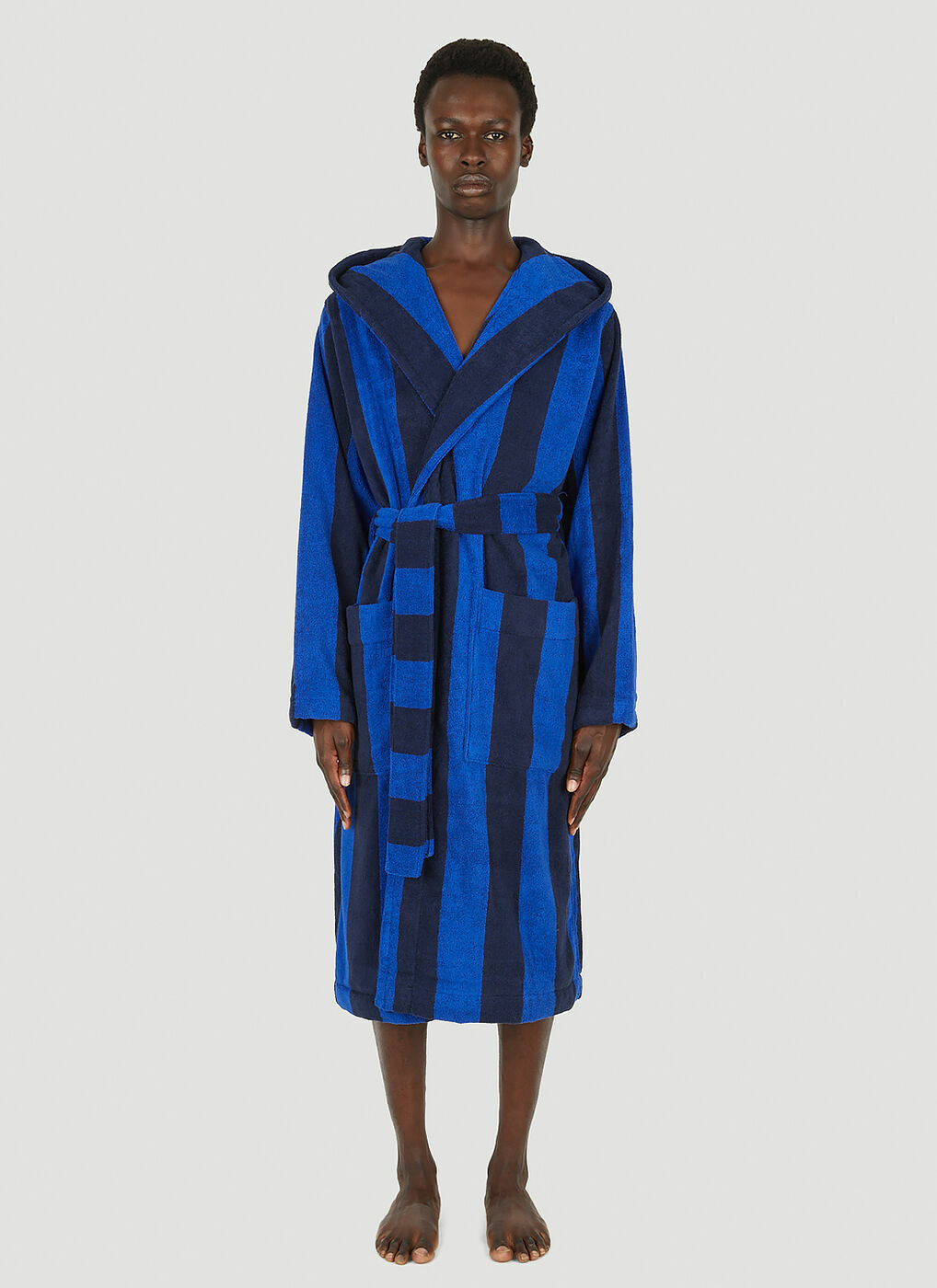 Block Stripe Hooded Bath Robe in Blue Tekla Fabrics