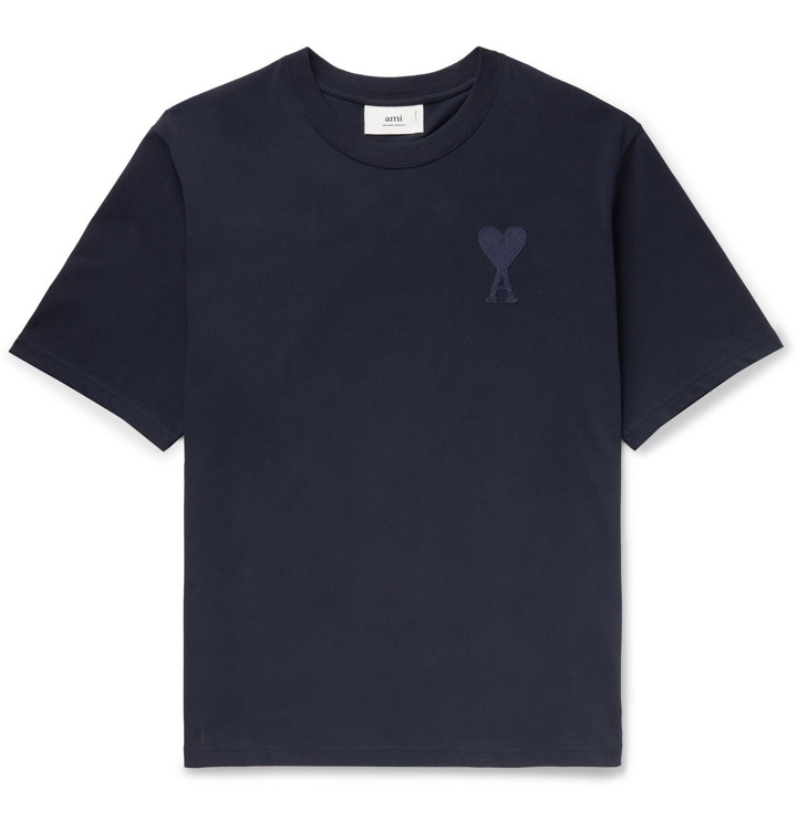 Photo: AMI PARIS - Logo-Embroidered Cotton-Jersey T-Shirt - Blue