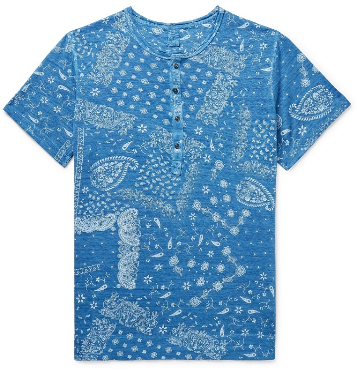 Photo: 120% - Garment-Dyed Paisley-Print Cotton-Jersey Henley T-Shirt - Blue
