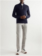 Loro Piana - Leather-Trimmed Ribbed Wool Half-Zip Sweatshirt - Blue